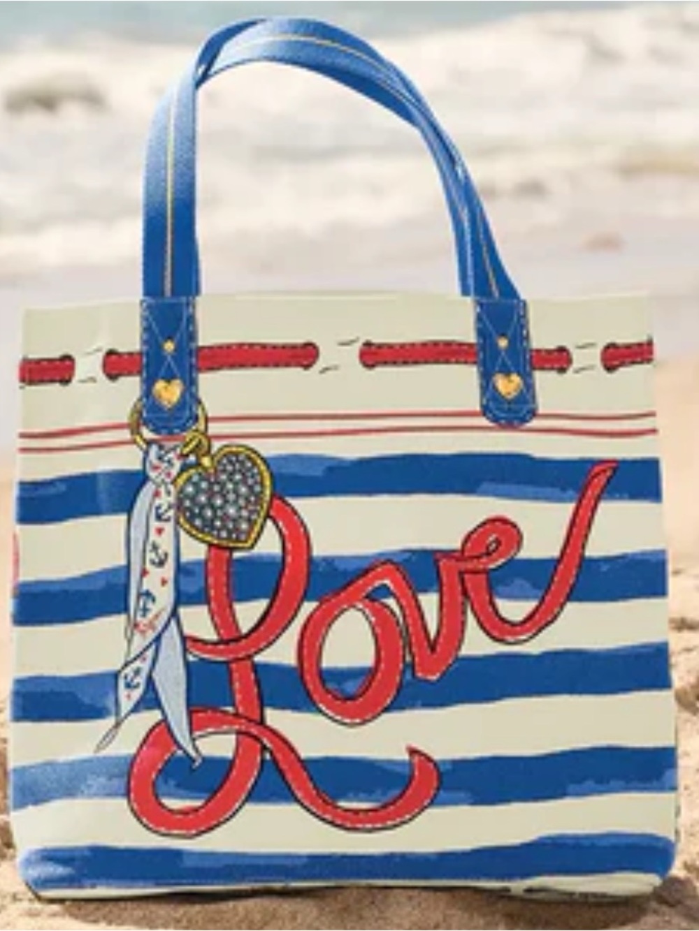 Brighton Blue & White Striped 'Love' Canvas Tote Bag with Red Accents